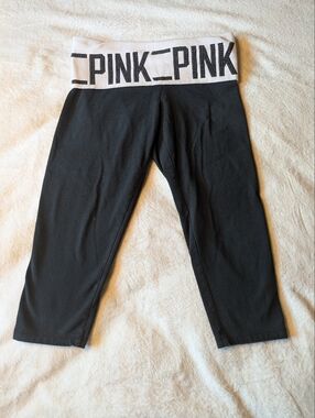 PINK Victoria's Secret Black Capri Leggings with White Logo Waistband